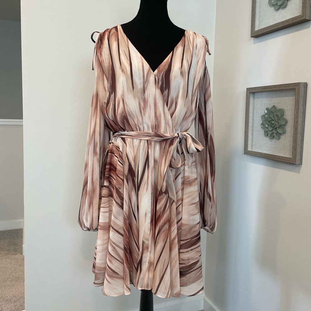 Bebe Pink & White Faux Wrap Cold Shoulder Midi Dress With Tie Belt NWT!